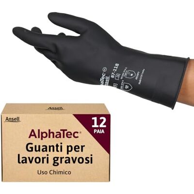 Ansell AlphaTec 87-118 Guanti di Protezione Chimica in Lattice, Elevata Resistenza alle Sostanze Chimiche, Impermeabili e Riutilizzabili, Floccatura in Cotone, Nero, Taglia S (12 Paia) Ansell AlphaTec 87-118 Guanti di Protezione Chimica in Lattice, Elevata Resistenza alle Sostanze Chimiche, Impermeabili e Riutilizzabili, Floccatura in Cotone, Nero, Taglia S (12 Paia)