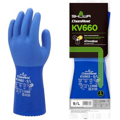 SHOWA KV660, Gant de protection chimique et contre les coupures, triple enduction de PVC sur doublure renforcée en Kevlar, finition rugueuse pour une résistance supérieure aux huiles et à l'abrasion, SHOWA KV660, Gant de protection chimique et contre les coupures, triple enduction de PVC sur doublure renforcée en Kevlar, finition rugueuse pour une résistance supérieure aux huiles et à l'abrasion,