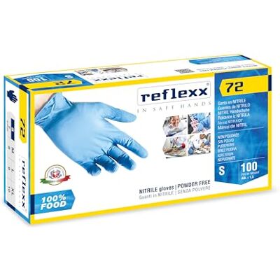 Reflexx R72, Guanti in Nitrile senza Polvere Gr. 3.9, Speciali per Alimenti, 100 Pezzi, Azzurro Reflexx R72, Guanti in Nitrile senza Polvere Gr. 3.9, Speciali per Alimenti, 100 Pezzi, Azzurro