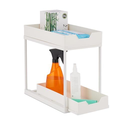 Relaxdays Organizer Mobile Sottolavello, Scaffale 2 Ripiani Estraibile, 37 x 22 x 40 cm, Mensola Cucina e Bagno, Bianco, Plastica, Acciaio Inox