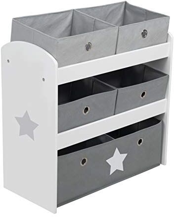 roba Scaffalatura Portaoggetti Stars con 5 Scatole in Tessuto Grigio 64 x 30 x 60 cm per Riporre Pannolini, Vestiti, Giocattoli per la Cameretta e per il Bagno Legno Laccato Bianco