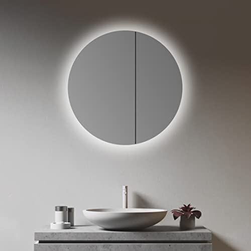 Talos Armadietto a Specchio Rotondo con Illuminazione Bagno, Alluminio Vetro, Ø 60 cm