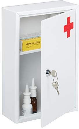 Relaxdays Armadietto Pronto Soccorso, Cassetta Medica, 2 Scomparti, Kit Medicinali, da Muro, 32x21,5x8 cm, Bianco/Rosso, Ferro