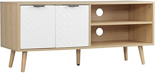 HOMCOM Mobile TV 46" max in Truciolato e Legno, Mobile TV Moderno con 2 Ripiani Aperti Regolabili e Armadietto, 110x39x48.8 cm, color Legno e Bianco