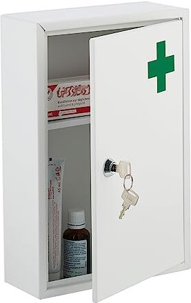 Relaxdays Armadietto Pronto Soccorso per Medicinali, 2 Scomparti, Cassetta Chiusura di Sicurezza, 32x21,5x8 cm, Bianco, Ferro