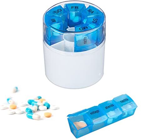 Relaxdays Contenitore Portapillole, Settimanale con 28 Scomparti, Plastica BPA Free, Medicinali e Vitamine, Bianco/Blu