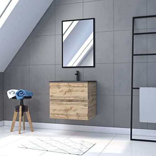 AURLANE Pacchetto mobile SDB 60 cm sospeso 2 cassetti Chene_lavabo nero + specchio – Timber 60_Pack07