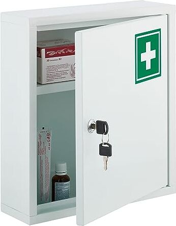 Relaxdays Armadietto Pronto Soccorso per Medicinali, Cassetta con Chiusura di Sicurezza, 36 x 31,5 x 10 cm, Bianco Verde, Lega di Acciaio