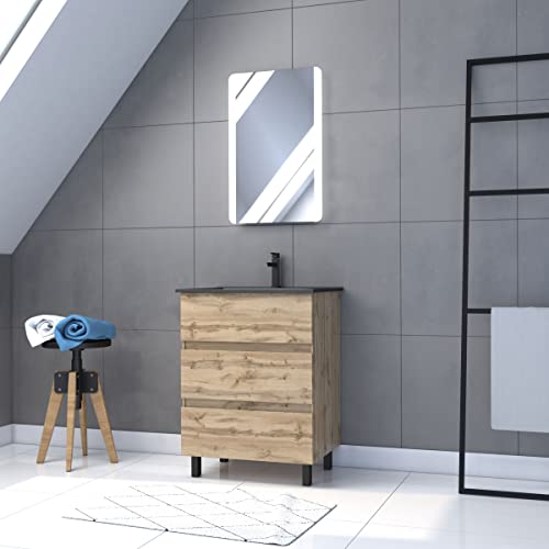 AURLANE Set da bagno con cassetto/vasca in ceramica e specchio LED, 60 x 80 cm, rovere naturale