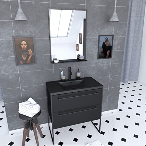 AURLANE Mobile da bagno, 80 x 50 cm, 2 cassetti, colore: nero opaco, lavabo in resina nera effetto pietra + specchio
