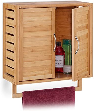 Relaxdays Armadietto da Parete con Portasciugamani, Mobiletto Pensile per Il Bagno, 56,5 x 51,5 x 21,5 cm, Naturale