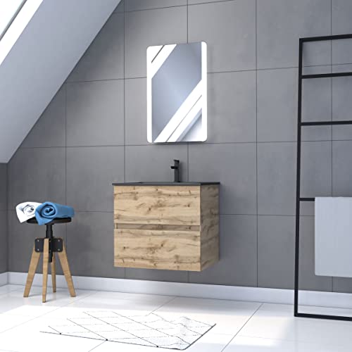 AURLANE Mobile da bagno con cassetto/vasca/specchio a LED, 60 x 54 cm, rovere naturale