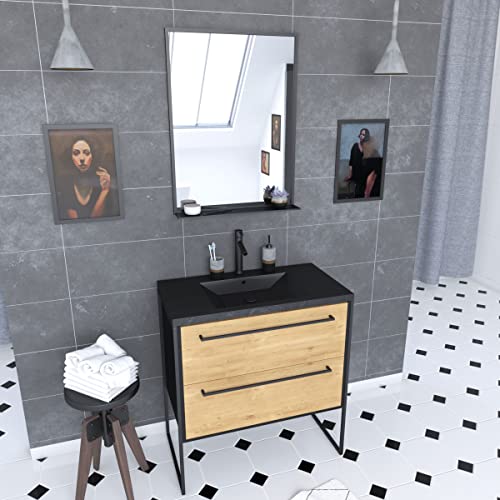 AURLANE Mobile da bagno, 80 x 50 cm, nero opaco, 2 cassetti, lavabo in resina nera effetto pietra + specchio