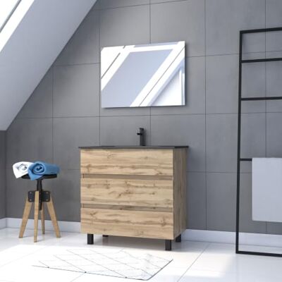 AURLANE Set da bagno con cassetto/vasca in ceramica e specchio LED, 80 x 80 cm, rovere naturale AURLANE Set da bagno con cassetto/vasca in ceramica e specchio LED, 80 x 80 cm, rovere naturale