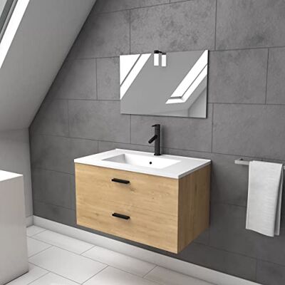AURLANE Mobile bagno 80 cm montaggio sospeso finitura legno cassetti soft close lavabo e specchio AURLANE Mobile bagno 80 cm montaggio sospeso finitura legno cassetti soft close lavabo e specchio