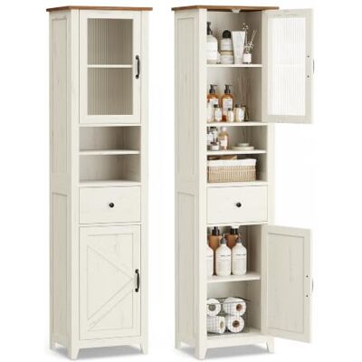 VASAGLE Armadietto da Bagno Stile Country, Mobiletto Salvaspazio Scomparti Aperti, 1 Cassetto, con Ante, Bianco Rustico e Marrone Miele, 31,5 x 40 x 171 cm, LIRY Collezione VASAGLE Armadietto da Bagno Stile Country, Mobiletto Salvaspazio Scomparti Aperti, 1 Cassetto, con Ante, Bianco Rustico e Marrone Miele, 31,5 x 40 x 171 cm, LIRY Collezione