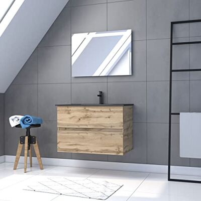 AURLANE Timber 80 x 54 Mobiletto da bagno, finitura naturale in cina, lavabo nero + specchio LED, confezione da 12 AURLANE Timber 80 x 54 Mobiletto da bagno, finitura naturale in cina, lavabo nero + specchio LED, confezione da 12