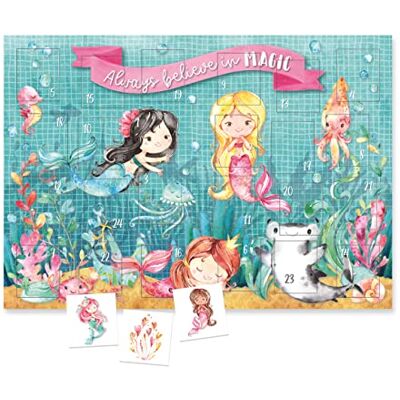 PaPIerDraCHeN Calendario dell'Avvento con tatuaggi per bambini da incollare, tatuaggi con sirena e altri disegni adatti ai bambini, calendario di Natale per bambini, vegano, set da sirena PaPIerDraCHeN Calendario dell'Avvento con tatuaggi per bambini da incollare, tatuaggi con sirena e altri disegni adatti ai bambini, calendario di Natale per bambini, vegano, set da sirena