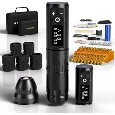 Ambition Soldier Kit Completo Macchinetta Tatuaggi Rotary Wireless Doppia Batteria, 20 Aghi Tattoo Glory, Carta Trasferimento, Pellicola, Bicchieri e Guarnizioni Monouso per Artisti Ambition Soldier Kit Completo Macchinetta Tatuaggi Rotary Wireless Doppia Batteria, 20 Aghi Tattoo Glory, Carta Trasferimento, Pellicola, Bicchieri e Guarnizioni Monouso per Artisti