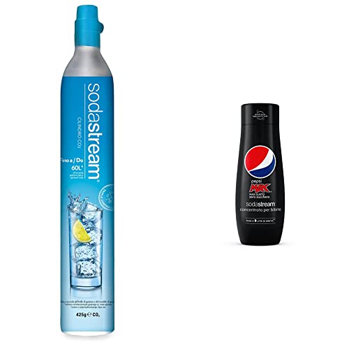 sodastream Cilindro Co2 Addizionale in licenza d'uso, bombola Co2 alimentare ad avvitamento compatibile & Concentrato per la preparazione di bevande dissetanti gassate al gusto Pepsi Max