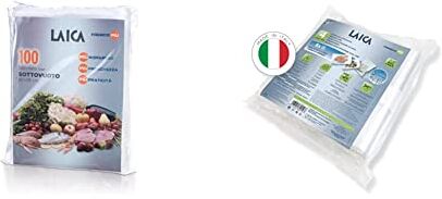 Laica VT3501 Confezione da 100 Sacchetti sottovuoto per alimenti Formato 20 x 28 cm & FrescoPiù VT3513 4 Rotoli per sottovuoto per Alimenti 20x600 cm, PA/PE, Trasparente