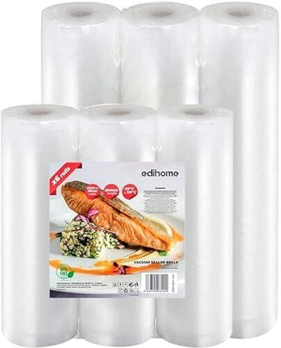 edihome , Sacchetti Sottovuoto Alimenti, Set 6 Rotoli, 20x300cm + 28x300cm, Buste, senza BPA, non riutilizzabili, Sous Vide, Sigillo del Cibo, Sacchi, Plastica (6 Rotoli 20cm + 28cm)