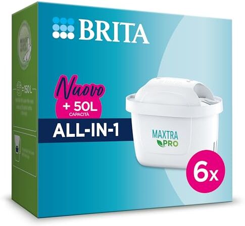 Brita Filtro per acqua MAXTRA PRO All-in-1 Pacchetto di risparmio semestrale da 6 filtri NUOVO MAXTRA+ Riduce impurità, cloro, pesticidi e calcare per acqua del rubinetto dal gusto buono