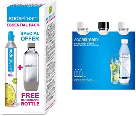 Sodastream Essential Bottiglia di carbonatazione + caricatore di carbonatazione & 3 Bottiglie Per Gasatore D'Acqua, Capienza 1 Litro, Modello Fuse, per Modelli Source, Play, Power, Spirit, Fizzi