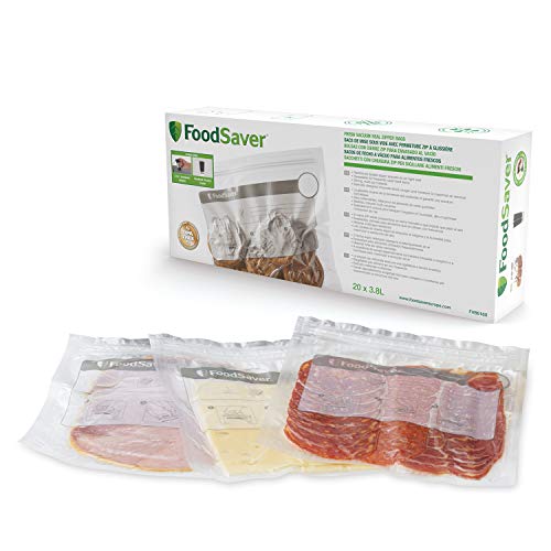 FoodSaver Sacchetti per sottovuoto riutilizzabili con chiusura lampo, per alimenti    Senza BPA   3,8 l   Confezione da 20