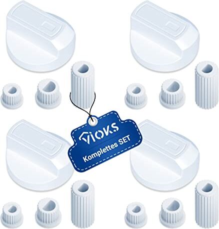 VIOKS Set di manopole girevoli per fornelli, 4 x pomelli universali con adattatori, manopola girevole da 38 mmØ, set da 16 pezzi, colore bianco, per forno