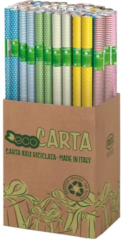 Rex 95083 Espositore 50 Rotoli Carta Regalo, 2 m X 70 cm, Fantasie Righe e Pois