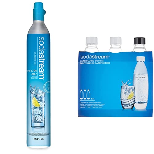 sodastream Cilindro Co2 Addizionale in licenza d'uso, bombola Co2 alimentare ad avvitamento con tutti i gasatori , 7 x 7 x 37 centimetri & Bottiglie Fuse 1 litro, Confezione da 3 (3 x 1 L)