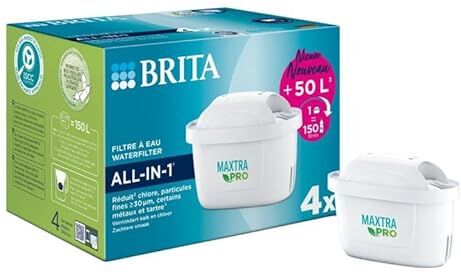 Brita Cartuccia filtro acqua rubinetto MAXTRA PRO All-in-1 Confezione da 4 per ricarica caraffa filtro riduce alcuni pesticidi, erbicidi e residui medicamentosi, cloro, tartaro e metalli