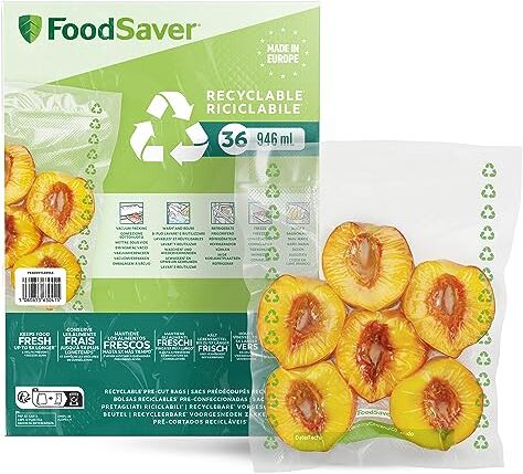 FoodSaver -36 Sacchetti Termosigillabili 100% Riciclabili per Macchina Sottovuoto Alimenti, Lavabili, Riutilizzabili, Resistenti alle Forature/Strappi, senza BPA, 20.7x28 cm, 0.94 lt