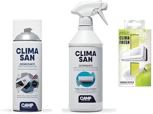 CAMP Trattamento Sanificante Igienizzante Completo Climatizzatori Climasan Igienizzante + Detergente + Profumatore Varie Fragranza (Mela Verde)