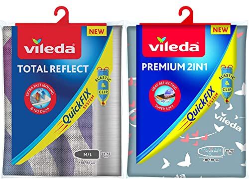 Vileda Total Reflect Telo da Stiro, Copriasse da Stiro Universale, Imbottito, con Elastico, in Tessuto & Premium 2 in 1 Copriasse da Stiro Universale, Termoriflettente, 3 Strati