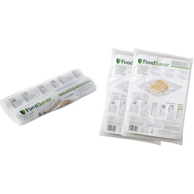 FoodSaver Kit 2 rotoli e 96 sacchetti sottovuoto per alimenti, goffrati FoodSaver Kit 2 rotoli e 96 sacchetti sottovuoto per alimenti, goffrati
