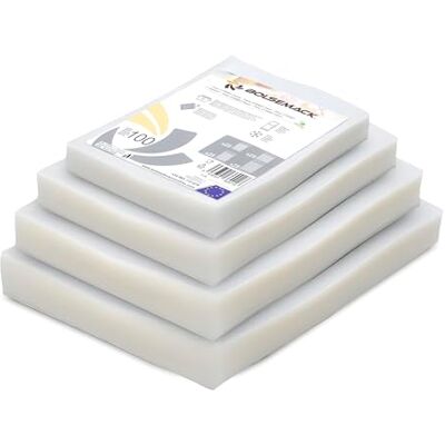 Bolsemack Buste sottovuoto goffrate COMBO CASA 4 misure diverse. (100 unità) per uso alimentare, possono essere utilizzati con qualsiasi tipo di dispositivo di imballaggio sottovuoto a uso domestico Bolsemack Buste sottovuoto goffrate COMBO CASA 4 misure diverse. (100 unità) per uso alimentare, possono essere utilizzati con qualsiasi tipo di dispositivo di imballaggio sottovuoto a uso domestico