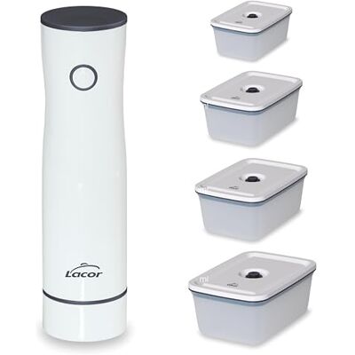 LACOR Pompa per Vuoto Intelligente + 4 Contenitori, Wireless, Automatica, Silenziosa, Aspirazione 2.5L/min, Include Cavo di Ricarica USB, Batteria al Litio, Design Elegante e Moderno LACOR Pompa per Vuoto Intelligente + 4 Contenitori, Wireless, Automatica, Silenziosa, Aspirazione 2.5L/min, Include Cavo di Ricarica USB, Batteria al Litio, Design Elegante e Moderno