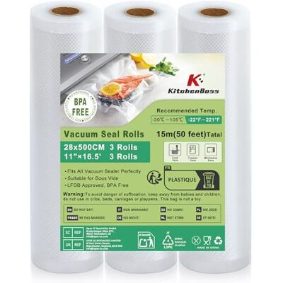 KitchenBoss Sacchetti Sottovuoto per Alimenti:Rotolo Sottovuoto Alimenti senza BPA, Sacchetto per Cottura Sottovuoto Goffrato, Sacchetti Sottovuoto Alimenti per Macchine Sottovuoto, 3 Rotolo 28x500cm KitchenBoss Sacchetti Sottovuoto per Alimenti:Rotolo Sottovuoto Alimenti senza BPA, Sacchetto per Cottura Sottovuoto Goffrato, Sacchetti Sottovuoto Alimenti per Macchine Sottovuoto, 3 Rotolo 28x500cm