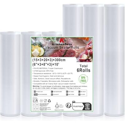 KitchenBoss Rotolo Sottovuoto Alimenti 6 Rotoli:Sacchetti Sottovuoto Alimenti 3 Rotoli 15 x 300 cm + Rotoli 20 x 300 cm per Macchina Sottovuotoe & Cottura Sous Vide, Senza BPA KitchenBoss Rotolo Sottovuoto Alimenti 6 Rotoli:Sacchetti Sottovuoto Alimenti 3 Rotoli 15 x 300 cm + Rotoli 20 x 300 cm per Macchina Sottovuotoe & Cottura Sous Vide, Senza BPA