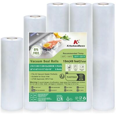 KitchenBoss Rotoli Sottovuoto per Alimenti, 5 Rotoli 28x3/20x1/15x1/300 cm KitchenBoss Rotoli Sottovuoto per Alimenti, 5 Rotoli 28x3/20x1/15x1/300 cm