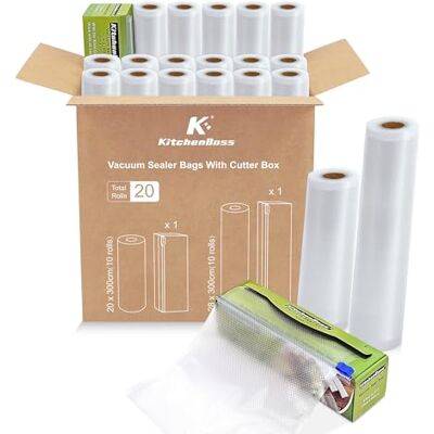 KitchenBoss 20 Rotoli Sacchetti Sottovuoto Alimenti:Rotoli Sottovuoto Alimenti con 2 Scatole di Taglio, 20/28 x 300cm (10 pcs ciascuno), Sacchetti Sottovuoto per Alimenti Commerciali per Conservazione KitchenBoss 20 Rotoli Sacchetti Sottovuoto Alimenti:Rotoli Sottovuoto Alimenti con 2 Scatole di Taglio, 20/28 x 300cm (10 pcs ciascuno), Sacchetti Sottovuoto per Alimenti Commerciali per Conservazione