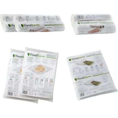 FoodSaver Kit 6 rotoli e 128 sacchetti sottovuoto varie misure, goffrati FoodSaver Kit 6 rotoli e 128 sacchetti sottovuoto varie misure, goffrati