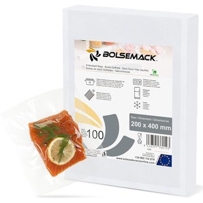 Bolsemack Sacchetti per Sottovuoto di 200x400mm. (100 unità) per uso alimentare, possono essere utilizzati con qualsiasi tipo di dispositivo di imballaggio sottovuoto a uso domestico Bolsemack Sacchetti per Sottovuoto di 200x400mm. (100 unità) per uso alimentare, possono essere utilizzati con qualsiasi tipo di dispositivo di imballaggio sottovuoto a uso domestico