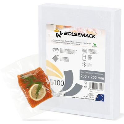 Bolsemack Busta per Sottovuoto goffrata di 250x250mm 25x25 cm. (100unità) per uso alimentare, possono essere utilizzati con qualsiasi tipo di dispositivo di imballaggio sottovuoto a uso domestico Bolsemack Busta per Sottovuoto goffrata di 250x250mm 25x25 cm. (100unità) per uso alimentare, possono essere utilizzati con qualsiasi tipo di dispositivo di imballaggio sottovuoto a uso domestico