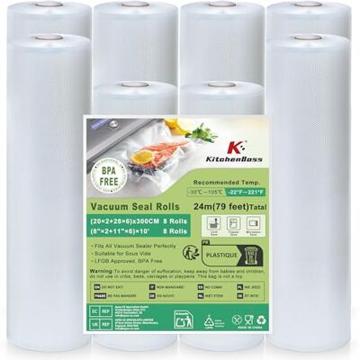 KitchenBoss Sacchetti Sottovuoto per Alimenti 8 Rotoli 20x2/28x6 x 300cm, Rotolo Sottovuoto Alimenti Film Goffrato 7 Strati, Buste Sottovuoto Alimenti per Congelatore Sous Vide e Cucina Domestica KitchenBoss Sacchetti Sottovuoto per Alimenti 8 Rotoli 20x2/28x6 x 300cm, Rotolo Sottovuoto Alimenti Film Goffrato 7 Strati, Buste Sottovuoto Alimenti per Congelatore Sous Vide e Cucina Domestica