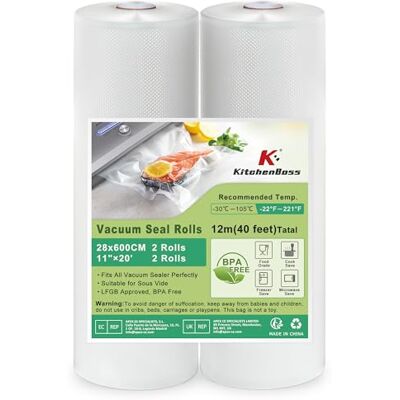 KitchenBoss Sacchetti Sottovuoto Alimenti:2 Rotoli 28x600cm Buste Sottovuoto Alimenti, Rotolo Sottovuoto Alimenti per Conservazione Alimenti, Rotolo Sottovuoto per Macchina Sottovuoto, Senza BPA KitchenBoss Sacchetti Sottovuoto Alimenti:2 Rotoli 28x600cm Buste Sottovuoto Alimenti, Rotolo Sottovuoto Alimenti per Conservazione Alimenti, Rotolo Sottovuoto per Macchina Sottovuoto, Senza BPA