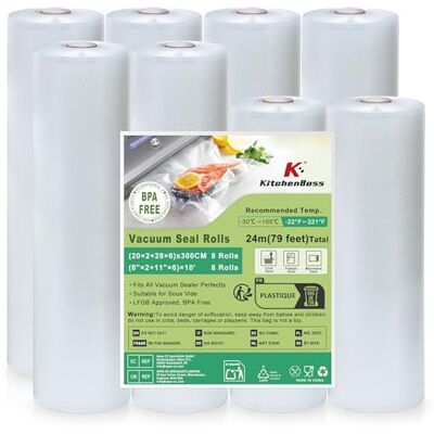 KitchenBoss Sacchetti Sottovuoto Alimenti:Buste Sottovuoto Alimenti 20x2/28x6/300 cm, 8 Rotoli, Rotolo Sottovuoto Alimenti Senza BPA, Adatti per Macchine Sottovuoto & Cottura Sous Vide KitchenBoss Sacchetti Sottovuoto Alimenti:Buste Sottovuoto Alimenti 20x2/28x6/300 cm, 8 Rotoli, Rotolo Sottovuoto Alimenti Senza BPA, Adatti per Macchine Sottovuoto & Cottura Sous Vide