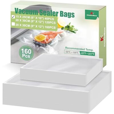 KitchenBoss Sacchetti Sottovuoto Alimenti 160 Pcs:Buste Sottovuoto Alimenti 15 x 25cm (40) + 20 x 30cm (120), Sacchetti Sottovuoto per Alimenti Goffrati 175 µm, Compatibili con Macchine per Sottovuoto KitchenBoss Sacchetti Sottovuoto Alimenti 160 Pcs:Buste Sottovuoto Alimenti 15 x 25cm (40) + 20 x 30cm (120), Sacchetti Sottovuoto per Alimenti Goffrati 175 µm, Compatibili con Macchine per Sottovuoto
